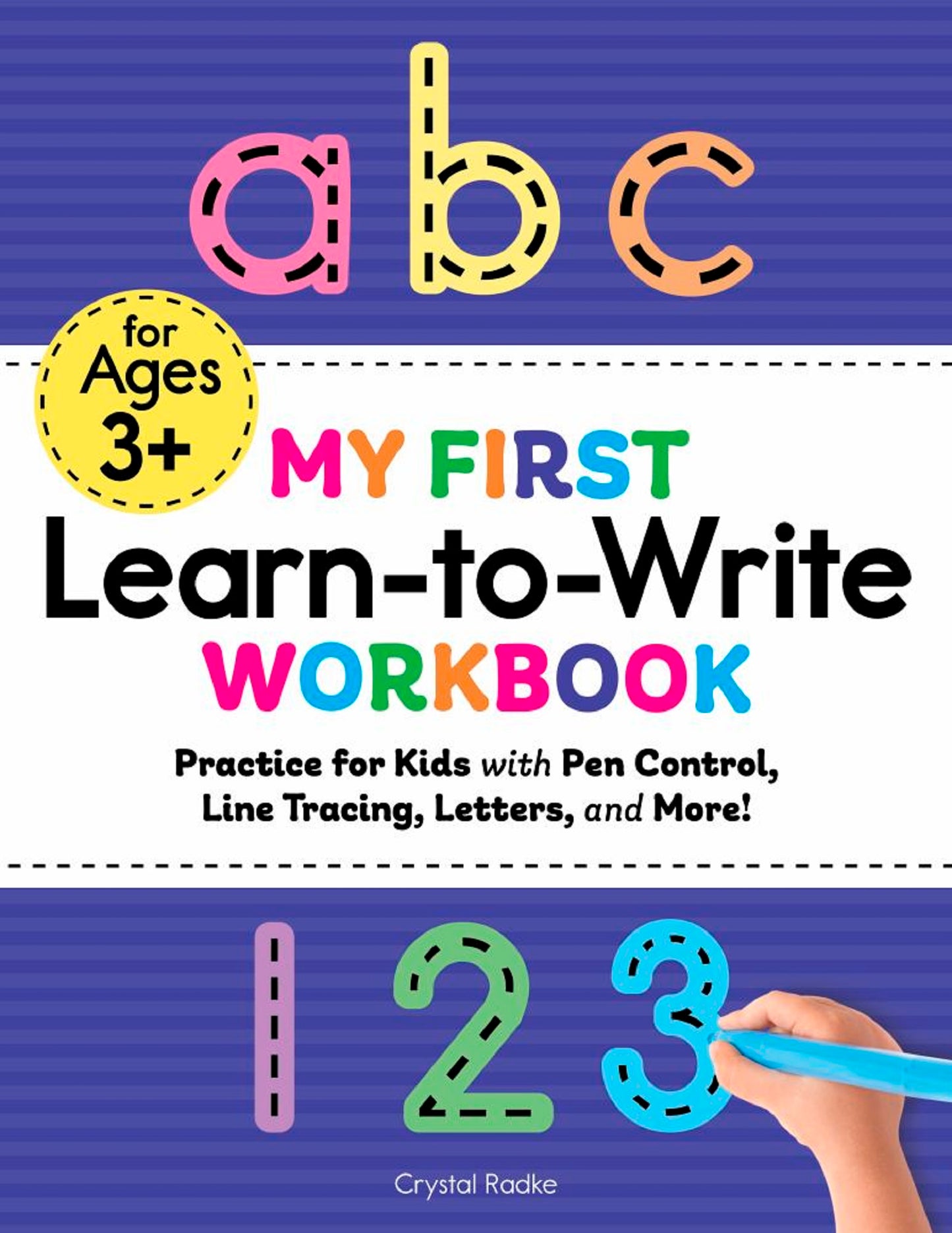 abc for Ages 3+ My First Learn-to-Write Workbook cover showing numbers 1 2 3 with a child's hand holding a blue pencil tracing the number 3