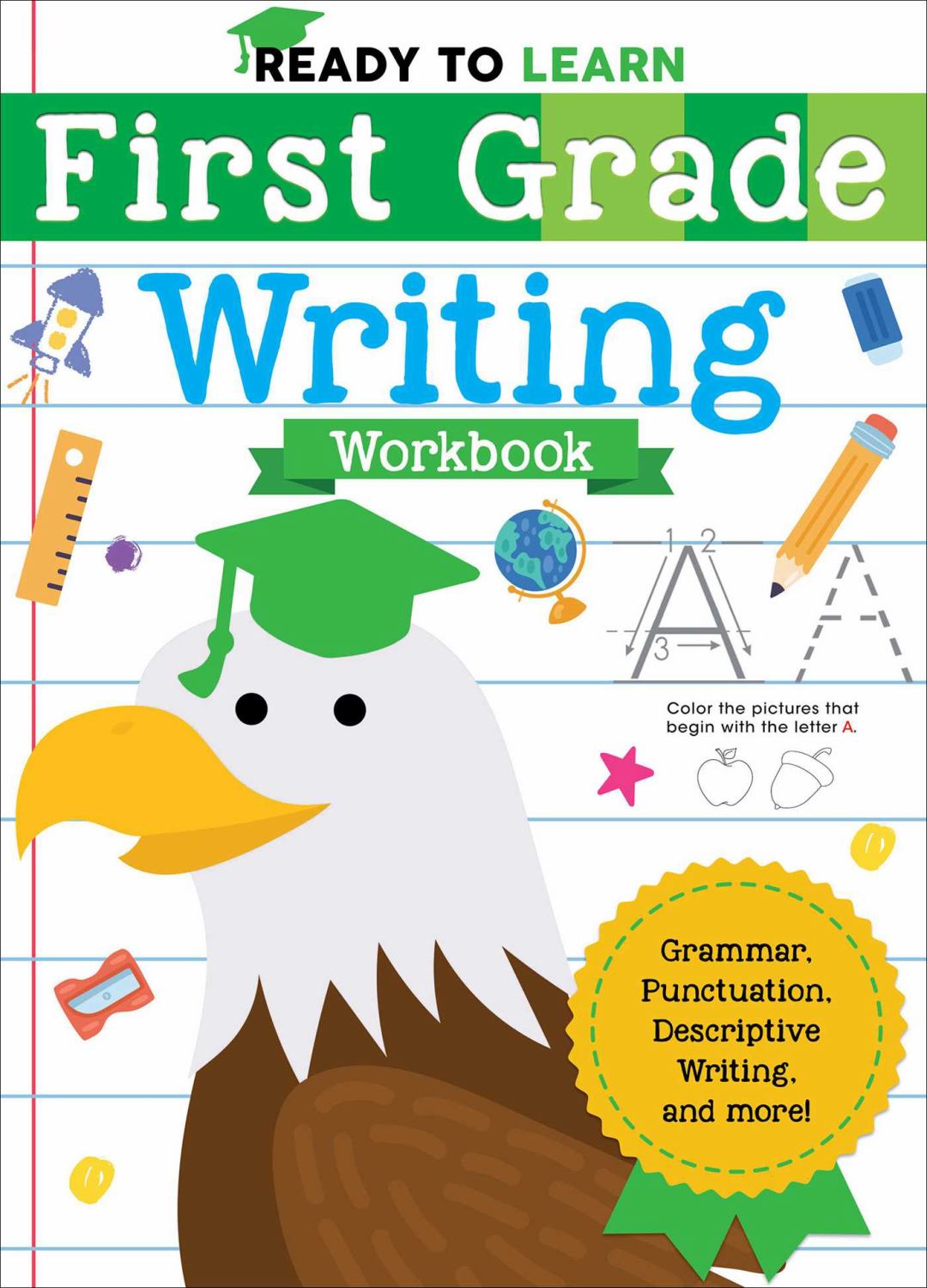 Ready to Learn First Grade Writing Workbook cover featuring an eagle mascot wearing a graduation cap