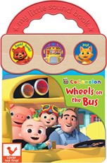 Cocomelon Wheels on the Bus Musical Sound Book with three spinning wheel buttons at top and illustrated child characters on cover