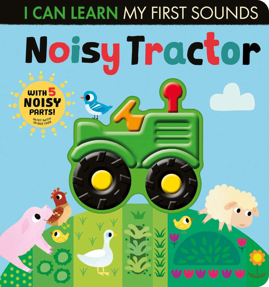 I Can Learn My First Sounds Noisy Tractor interactive sound book cover featuring a green tractor with black wheels, farm animals, and text indicating 5 noisy pa