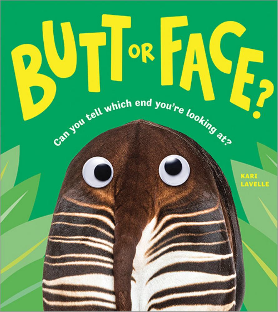 BUTT OR FACE? Can you tell which end you're looking at? children's book cover by Kari Lavelle featuring a brown animal with white striped markings and googly ey