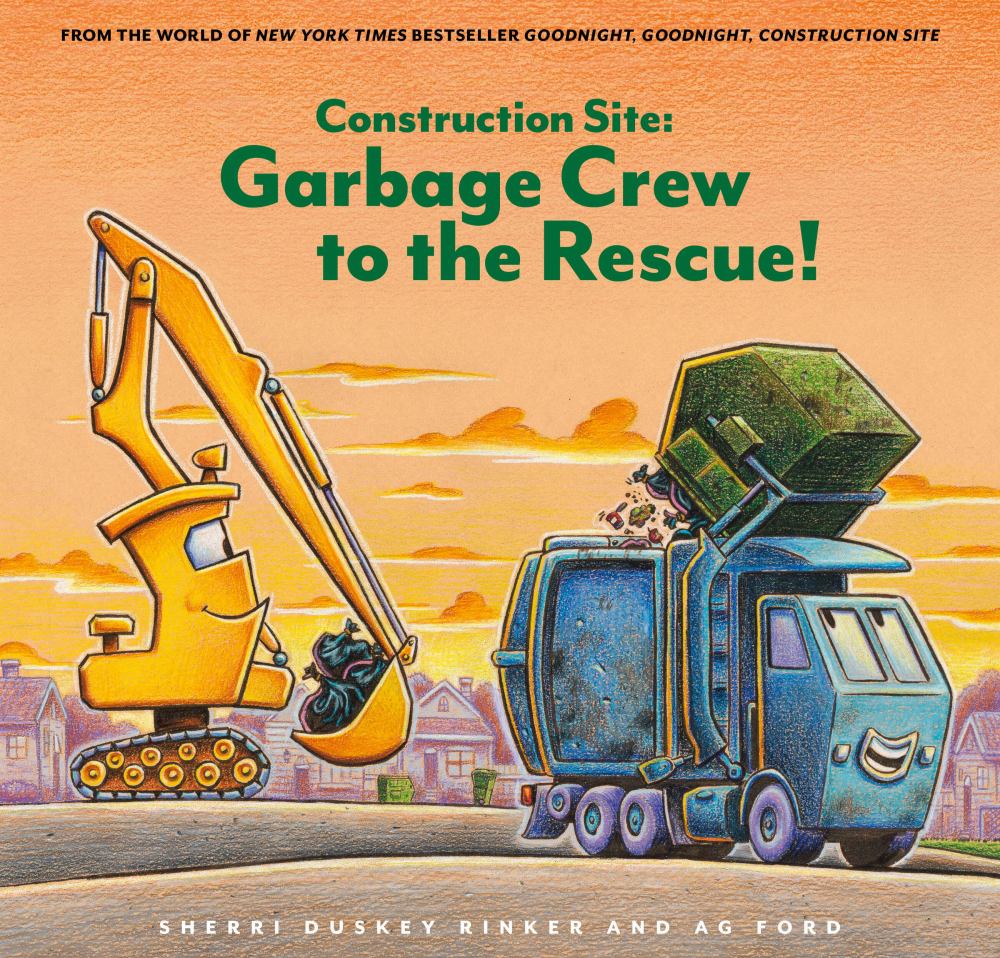 Construction Site: Garbage Crew to the Rescue! book cover featuring yellow excavator and blue garbage truck on orange sunset background