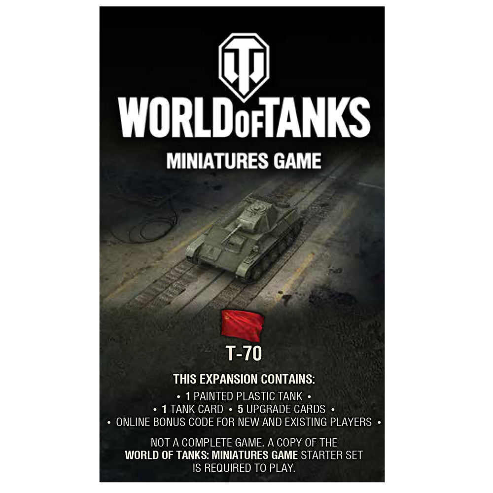 World of Tanks Miniatures Game T-70 expansion box featuring Soviet tank on textured background, includes 1 painted plastic tank, 1 tank card, 5 upgrade cards, a