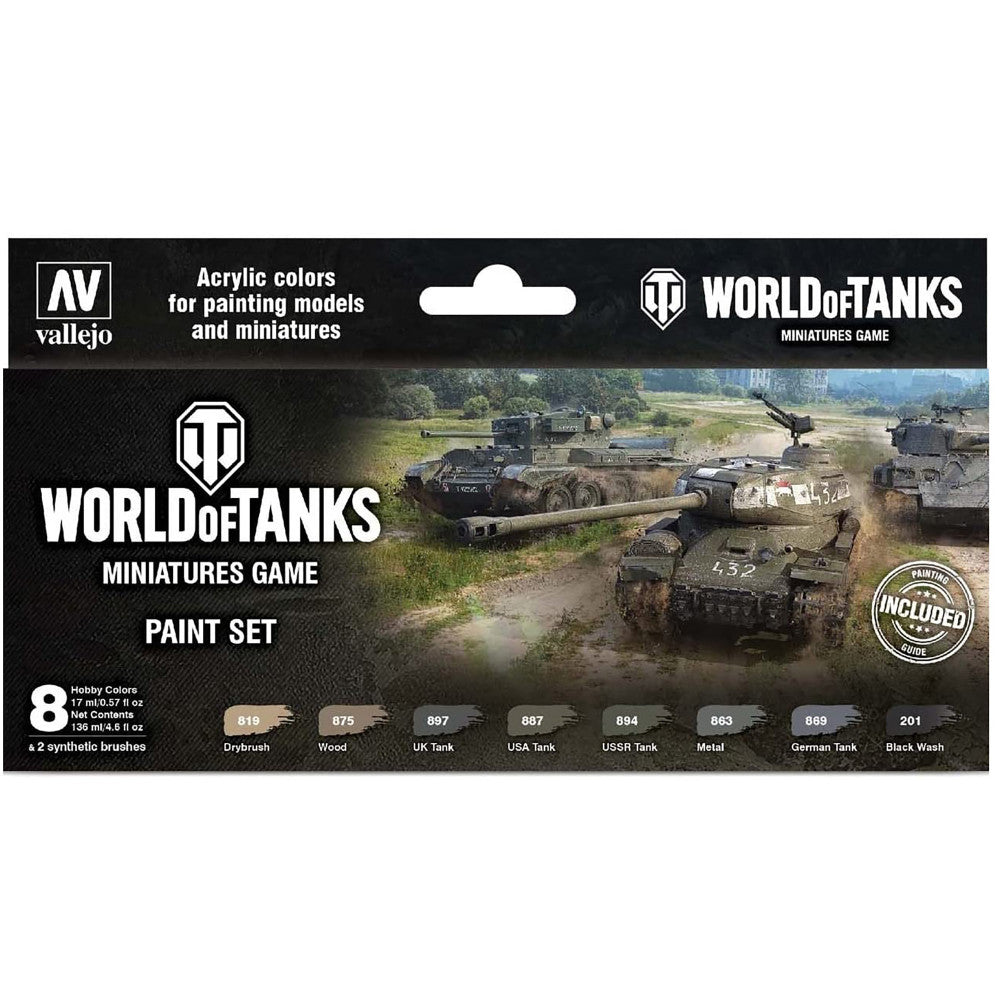 World of Tanks Miniatures Game Paint Set by Vallejo, featuring 8 acrylic colors and 2 brushes with tank battlefield scene