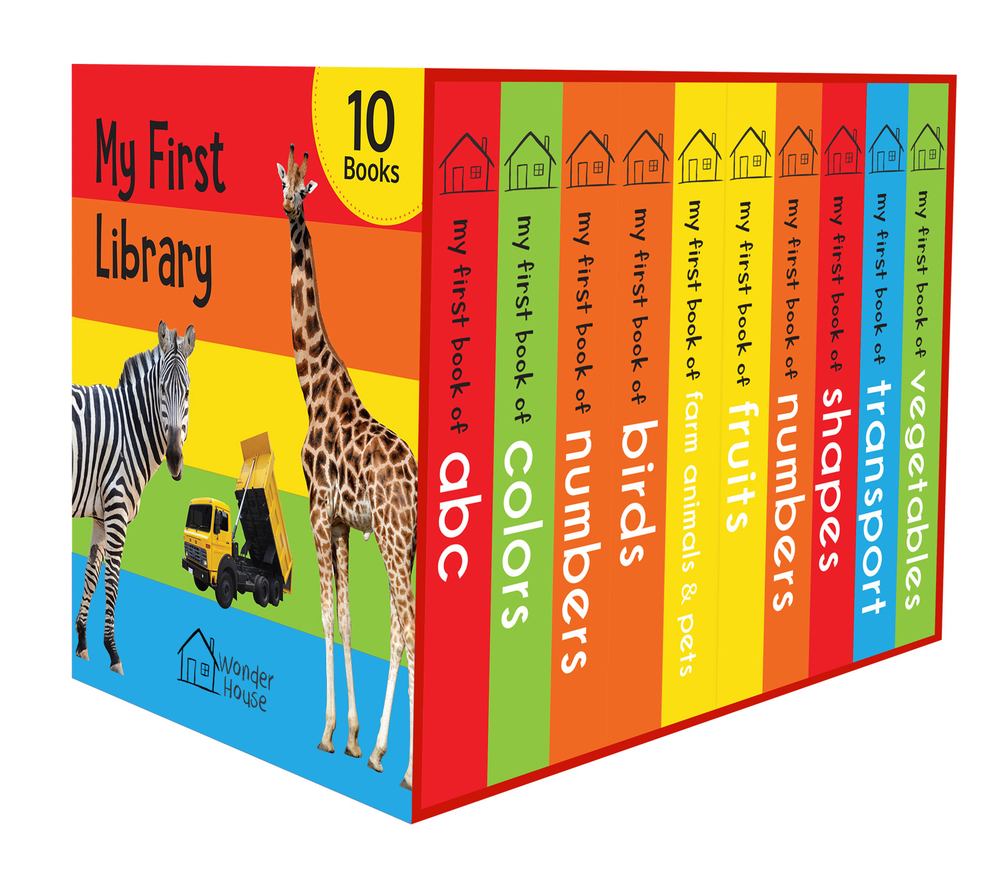 My First Library 10-book set with colorful spines featuring titles like ABC, Colors, Numbers, Birds, Farm Animals, Fruits, Numbers, Shapes, Dinosaurs, and Vehic