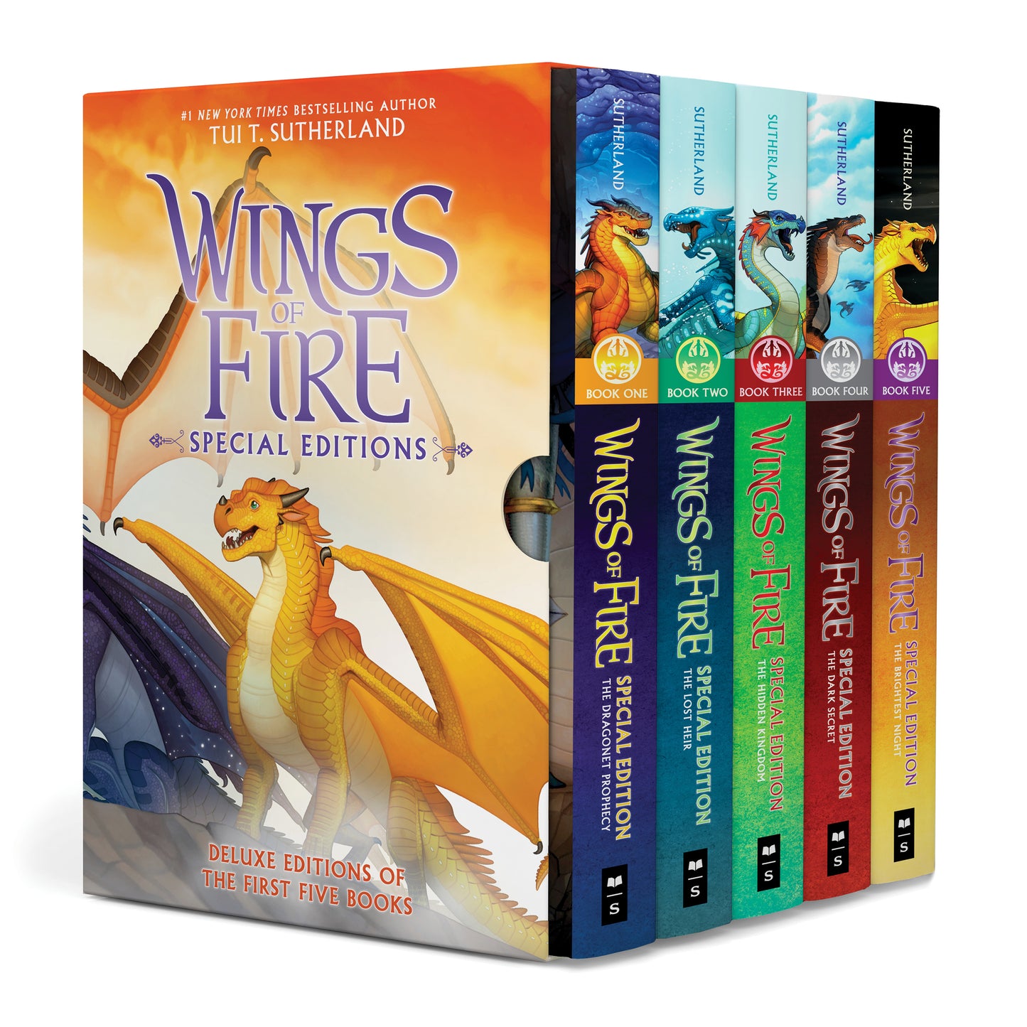 Wings of Fire Special Edition box set by Tui T. Sutherland containing five deluxe hardcover books with dragon illustrations on spines