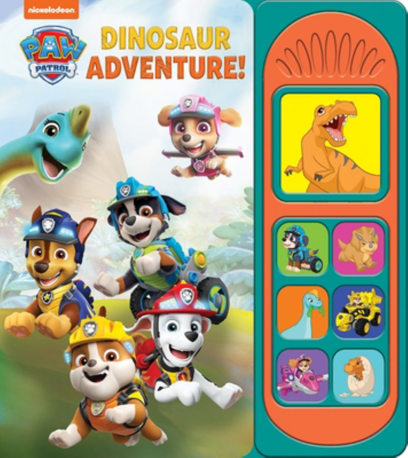 PAW Patrol Dinosaur Adventure sound book featuring PAW Patrol characters and interactive dinosaur buttons on a colorful device