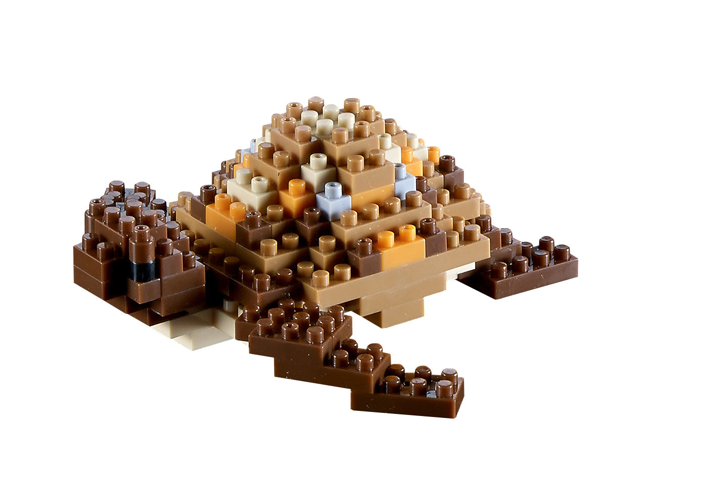 Brixies 90-piece turtle construction set made of brown, tan, cream, and orange building blocks arranged to form a turtle shape on plain background