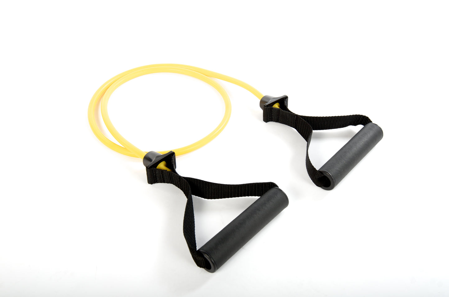 Yellow resistance tube with black handles and grip straps on plain background