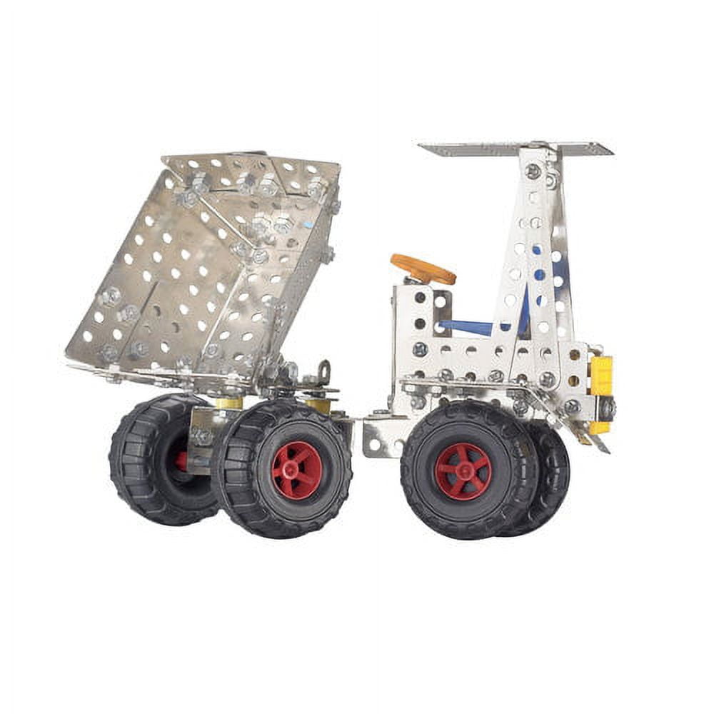 Metal construction set with perforated panels, bolts, and wheels assembled into two vehicle-like structures with black tires and red wheel hubs