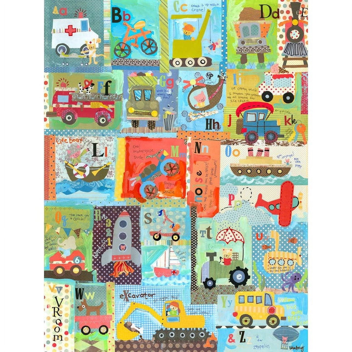Colorful patchwork alphabet quilt or fabric featuring vehicles and transportation-themed illustrations with letters A through Z in vibrant, multi-colored blocks