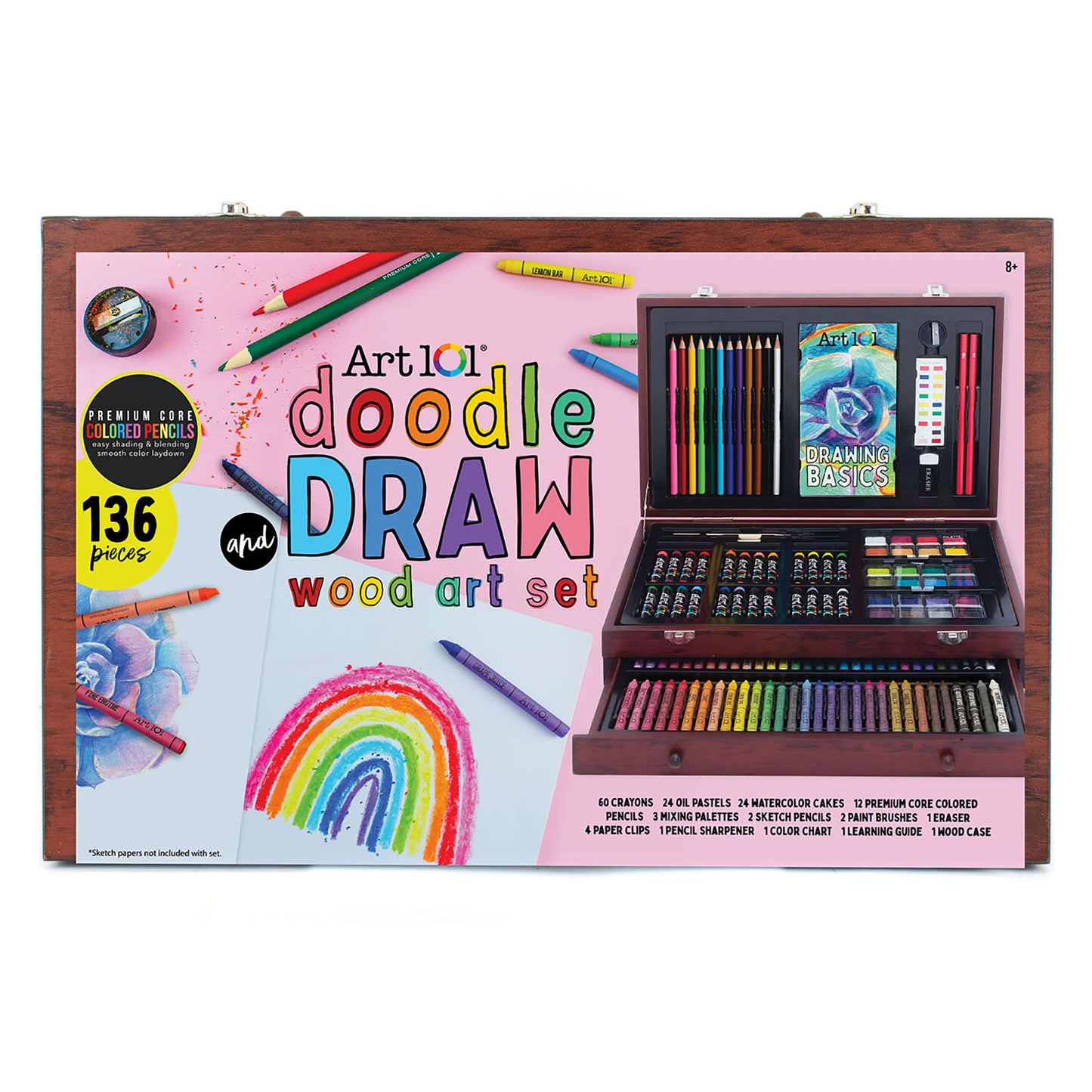 Art 101 Doodle and Draw 136-piece wood art set with open case displaying colored pencils, crayons, oil pastels, watercolor cakes, brushes, and supplies, shown w