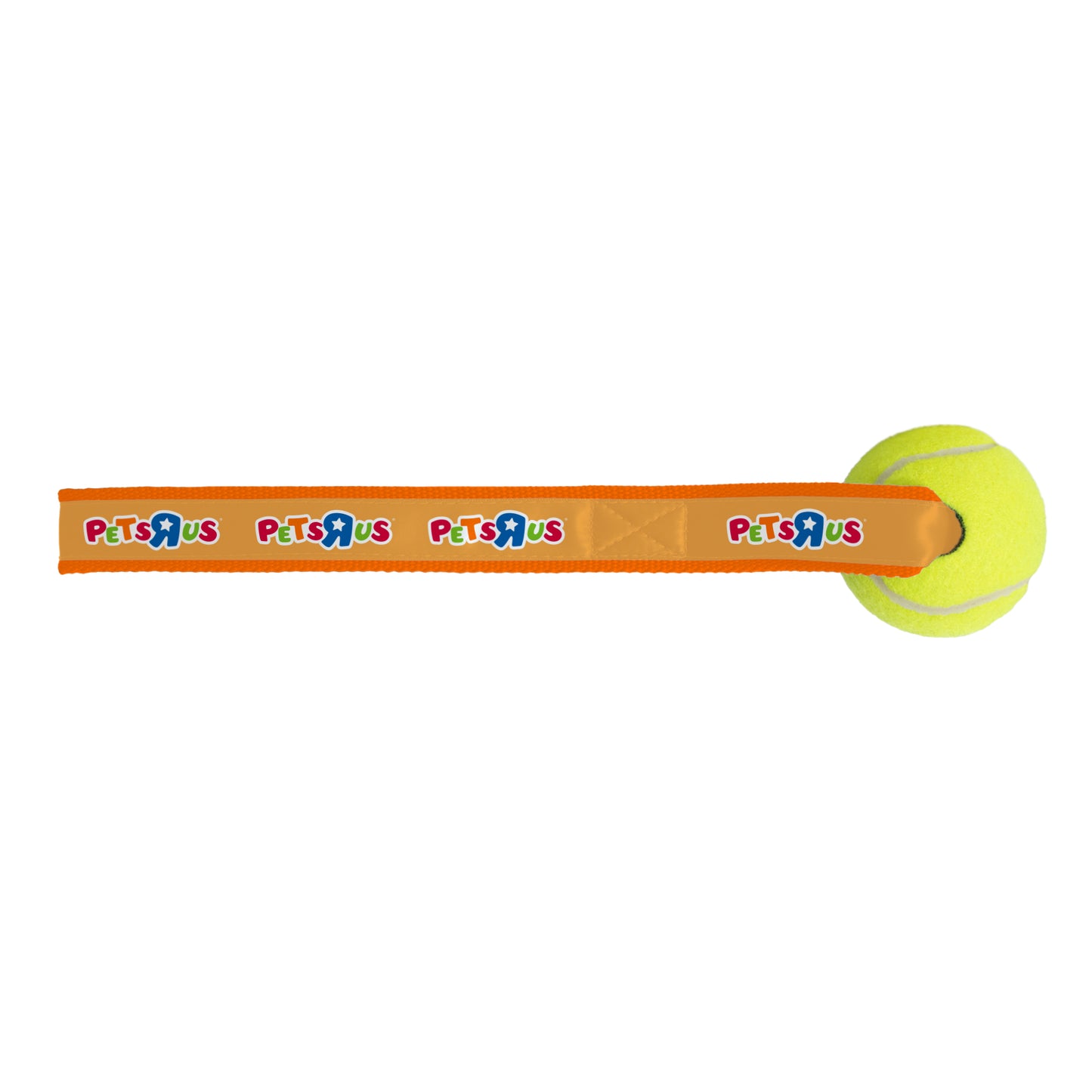 PETS R US tennis ball sling dog toy with bright green ball and orange fabric strap