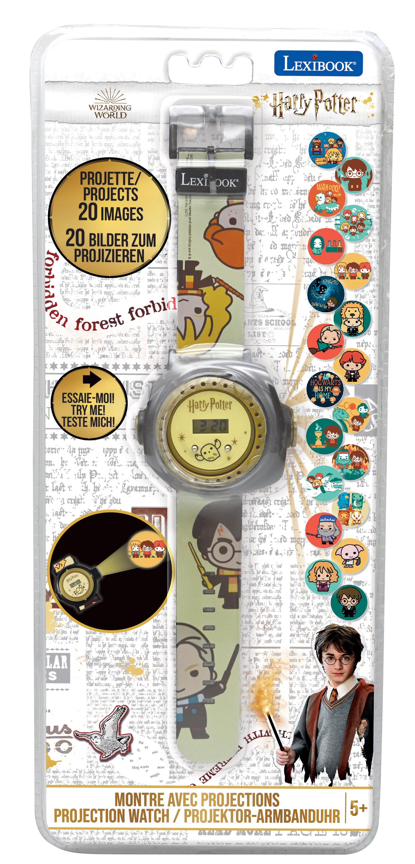 Lexibook Harry Potter projection watch with adjustable black strap, featuring 20 character images and displaying Wizarding World scenes on gold-toned digital sc