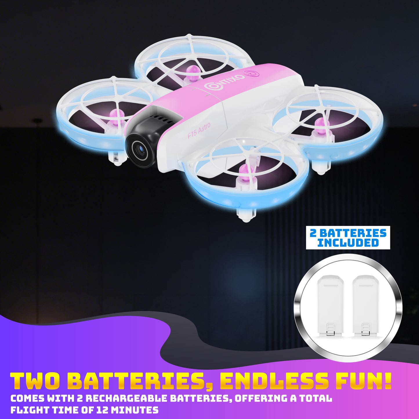 Contixo F15 Astro pink and white mini drone with 4 propellers, remote control, and 2 included batteries