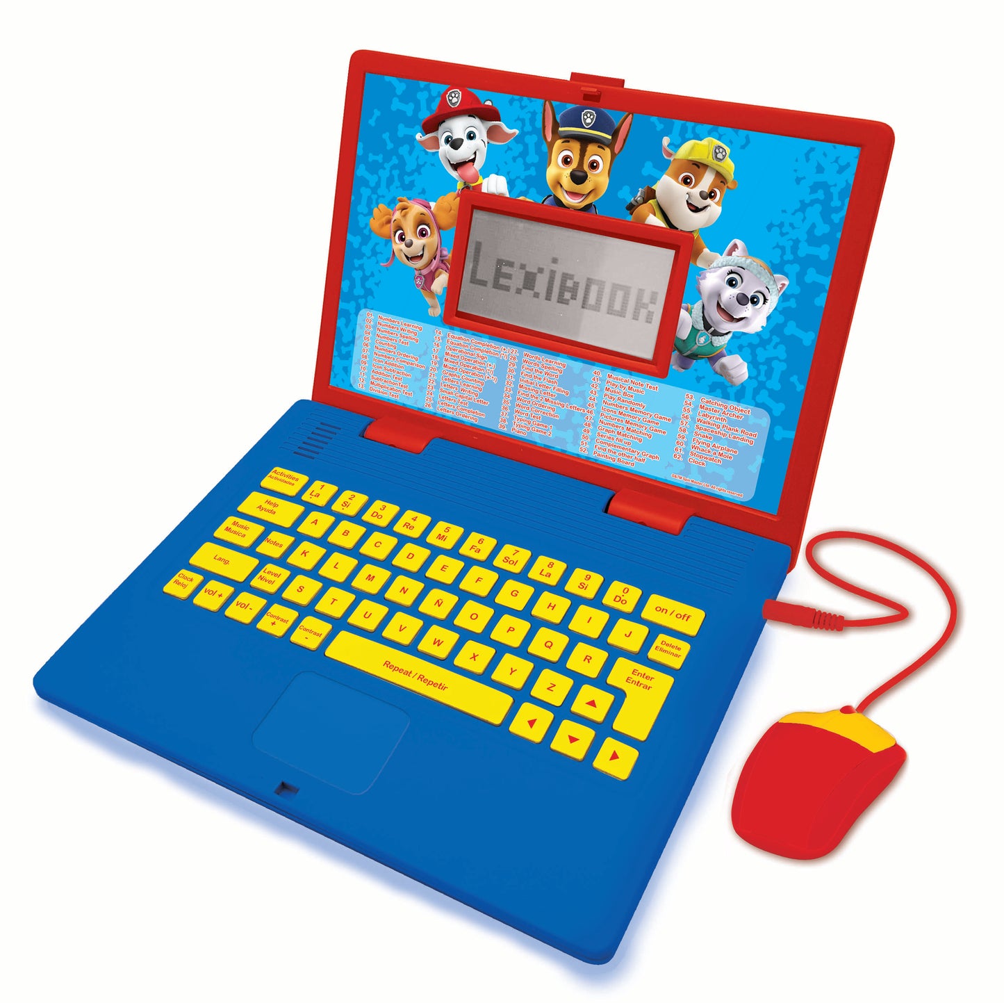 Blue and red Paw Patrol educational laptop with yellow keyboard, LCD screen, and matching red mouse with cord