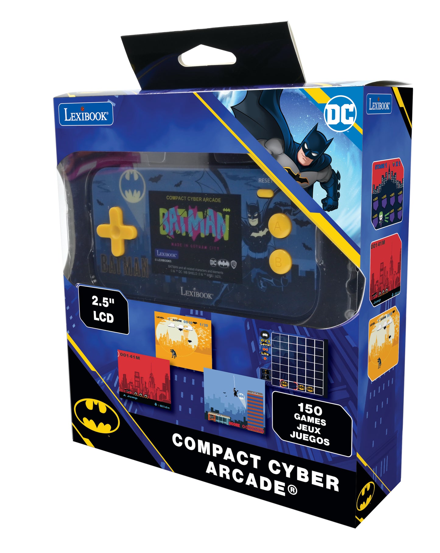 Batman Compact Cyber Arcade portable gaming console with 2.5-inch LCD screen, yellow controls, and 150 built-in games, shown in packaging with Batman graphics a