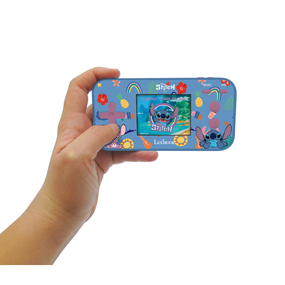 Lexibook Stitch Compact Cyber Arcade handheld game with blue case and Stitch character design