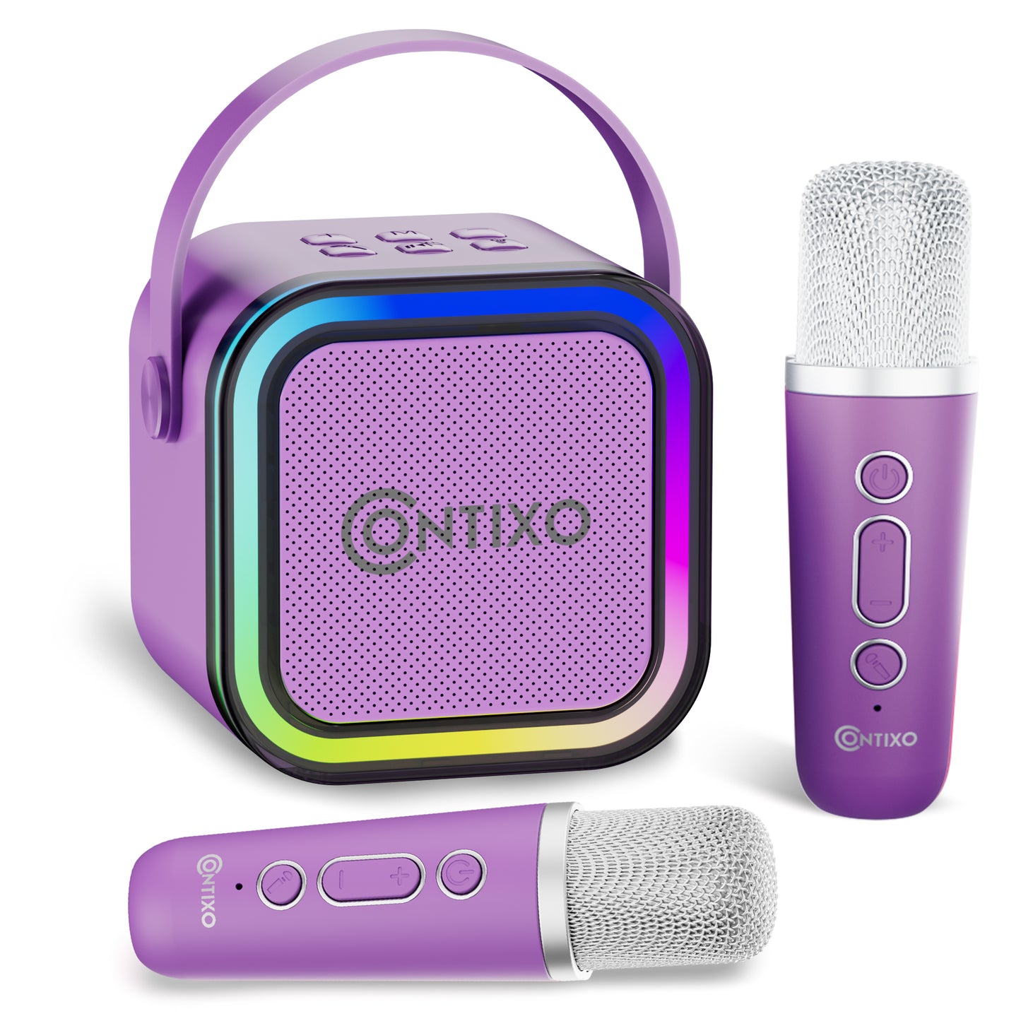 Contixo Mini Karaoke Dynamite portable Bluetooth speaker in purple with dual wireless microphones, showing glowing multicolor speaker face and control buttons