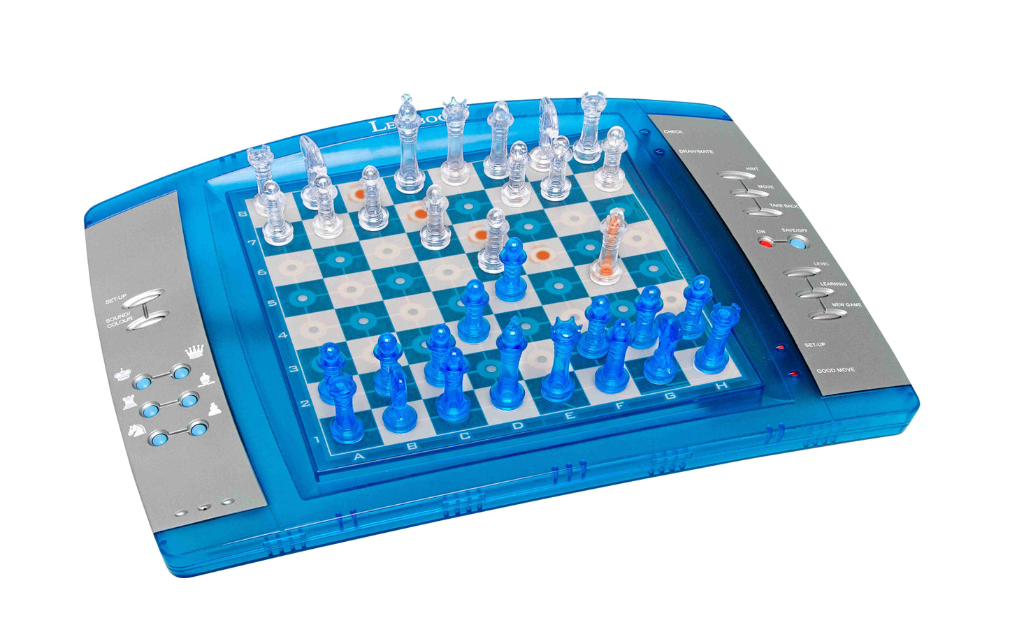 Lexibook ChessLight interactive electronic chess game with blue translucent board, crystal chess pieces, and control panels on both sides