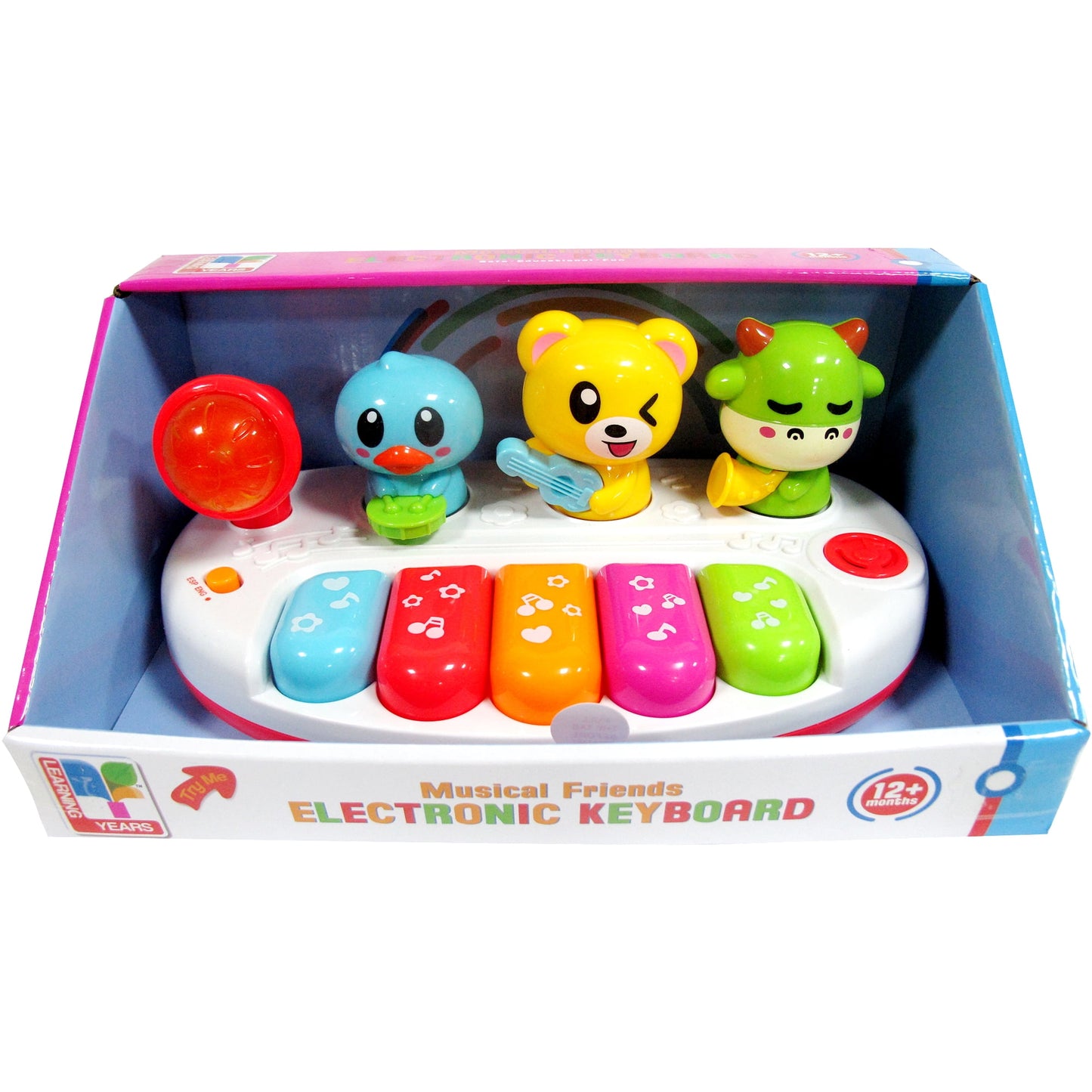 Musical Friends Electronic Keyboard with colorful character figures and five color-coded piano keys, packaged in retail box