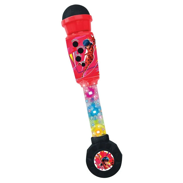 Red lighted microphone with black top and bottom, featuring Miraculous character graphics and colorful illuminated flower designs on the handle