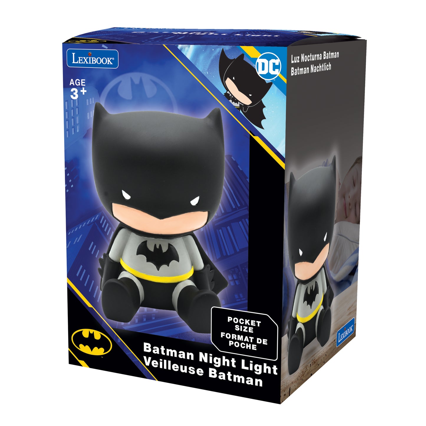 Lexibook Batman Night Light pocket-size figure in black with gray chest emblem and yellow belt, shown in product packaging