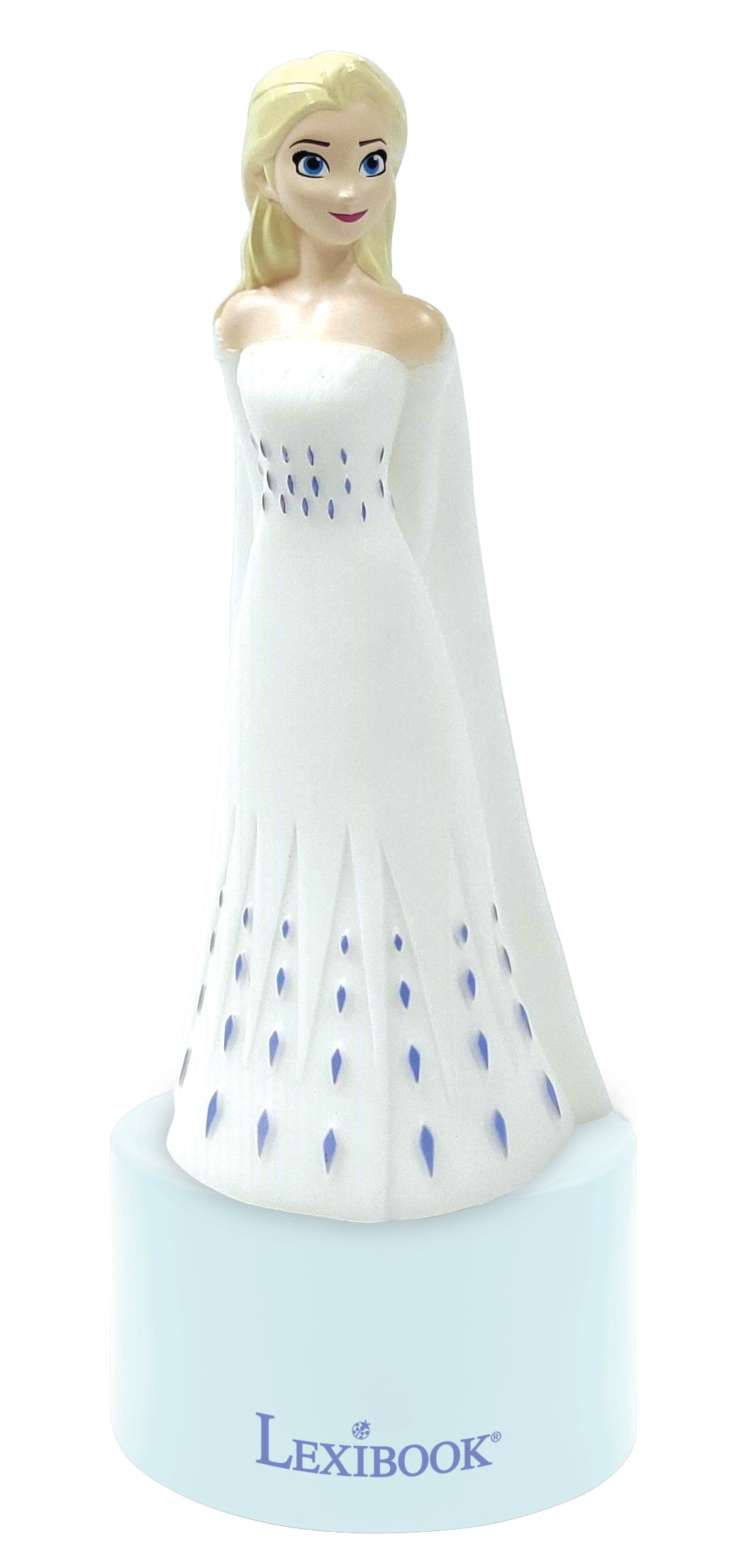 Elsa doll figure with blonde hair wearing white off-shoulder gown with blue snowflake details, mounted on white Lexibook base