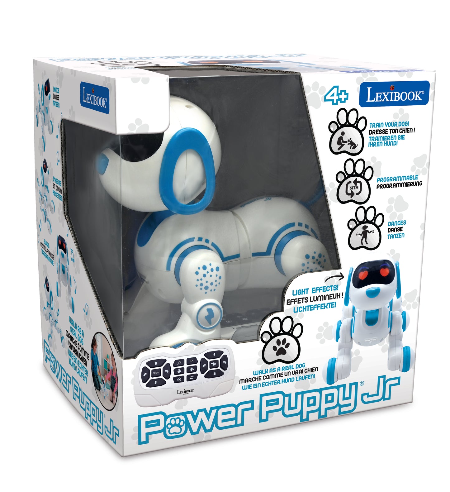 Lexibook Power Puppy Jr interactive robotic dog in white and blue with remote control, displayed in packaging