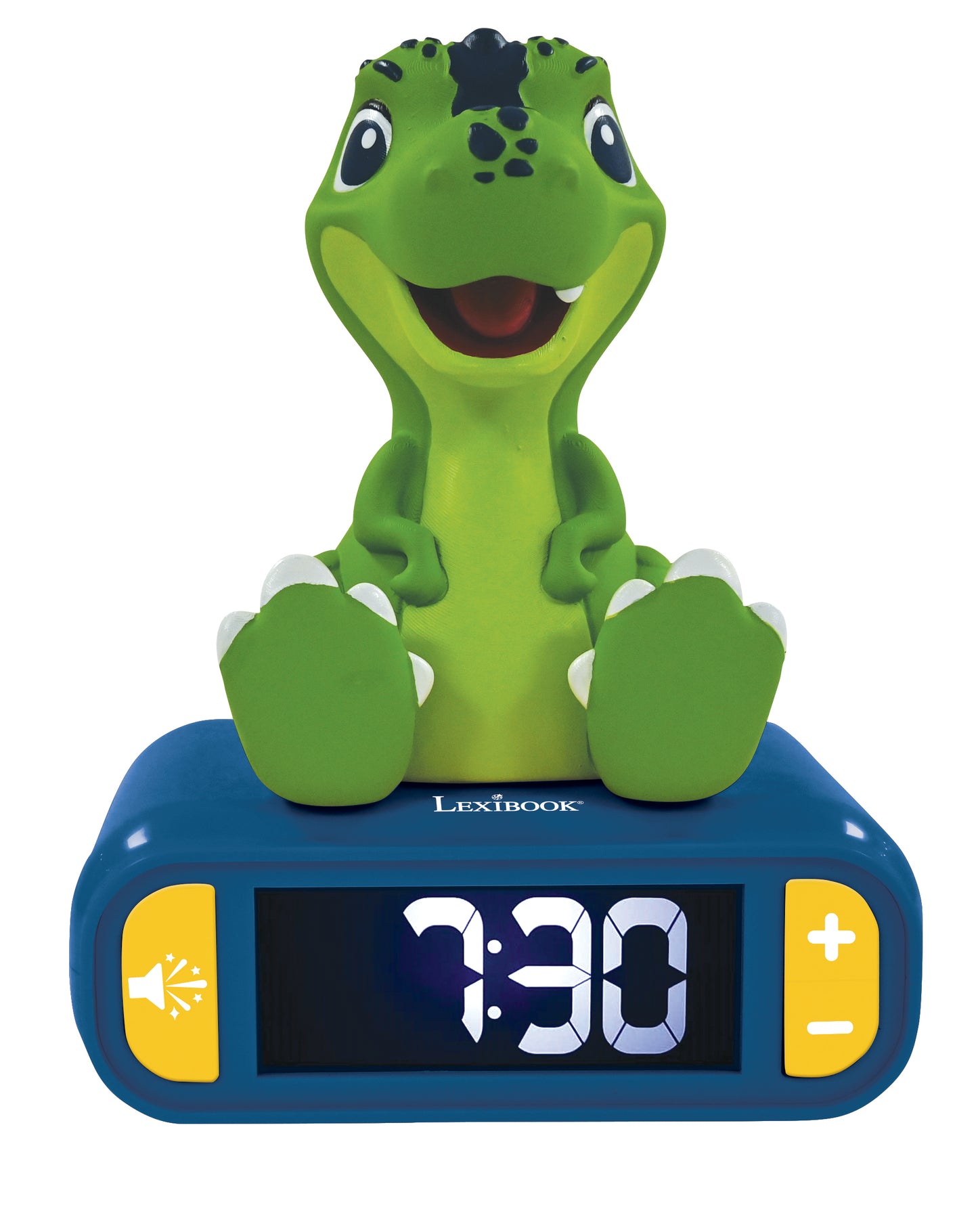 Green dinosaur-shaped digital alarm clock with blue base, yellow buttons, and LED display showing 1:30