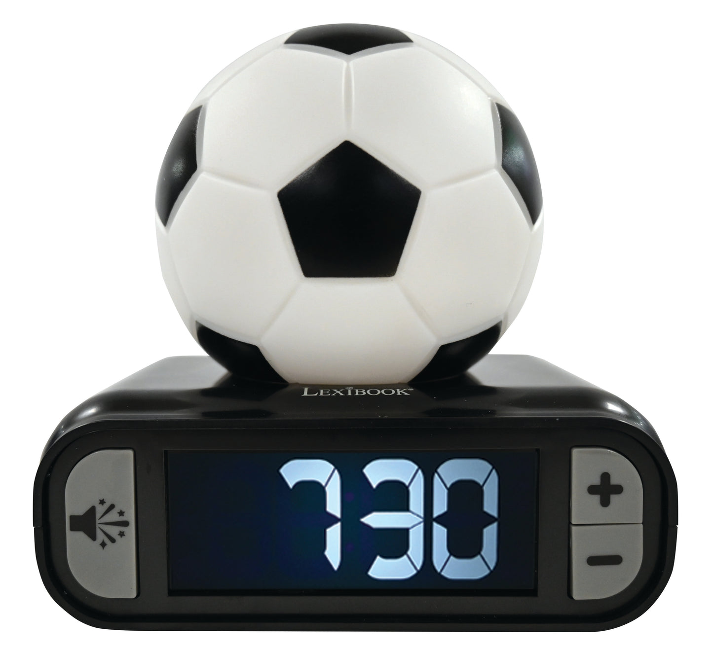 Soccer ball-shaped digital alarm clock with black base displaying 13:30, sound icon and plus/minus buttons on sides