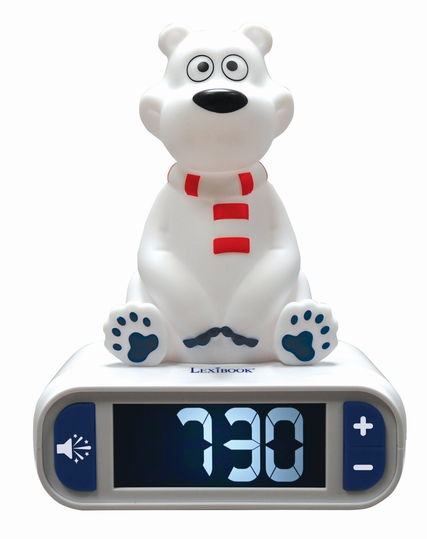 White polar bear character sitting on top of Lexibook digital alarm clock displaying 7:30, with red chest buttons and blue paw pads