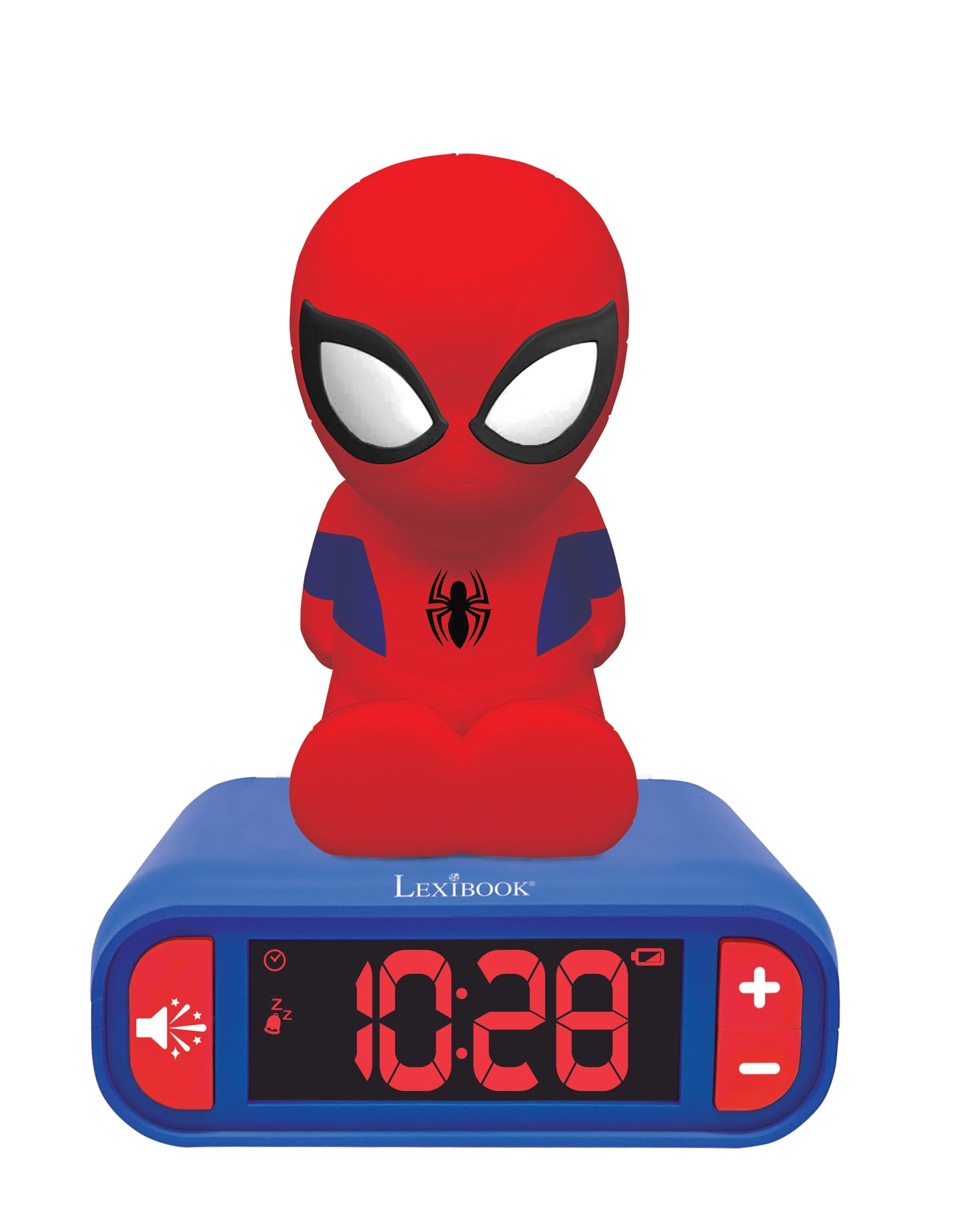 Spider-Man digital alarm clock with red and blue base, red character head on top, displaying 10:28 on black screen, with sound and brightness control buttons