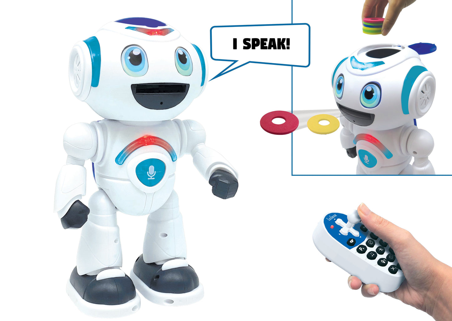 White and blue interactive robot with large expressive eyes, shown with remote control, ring toss games, and colorful bracelets, speech bubble reads 'I SPEAK!'