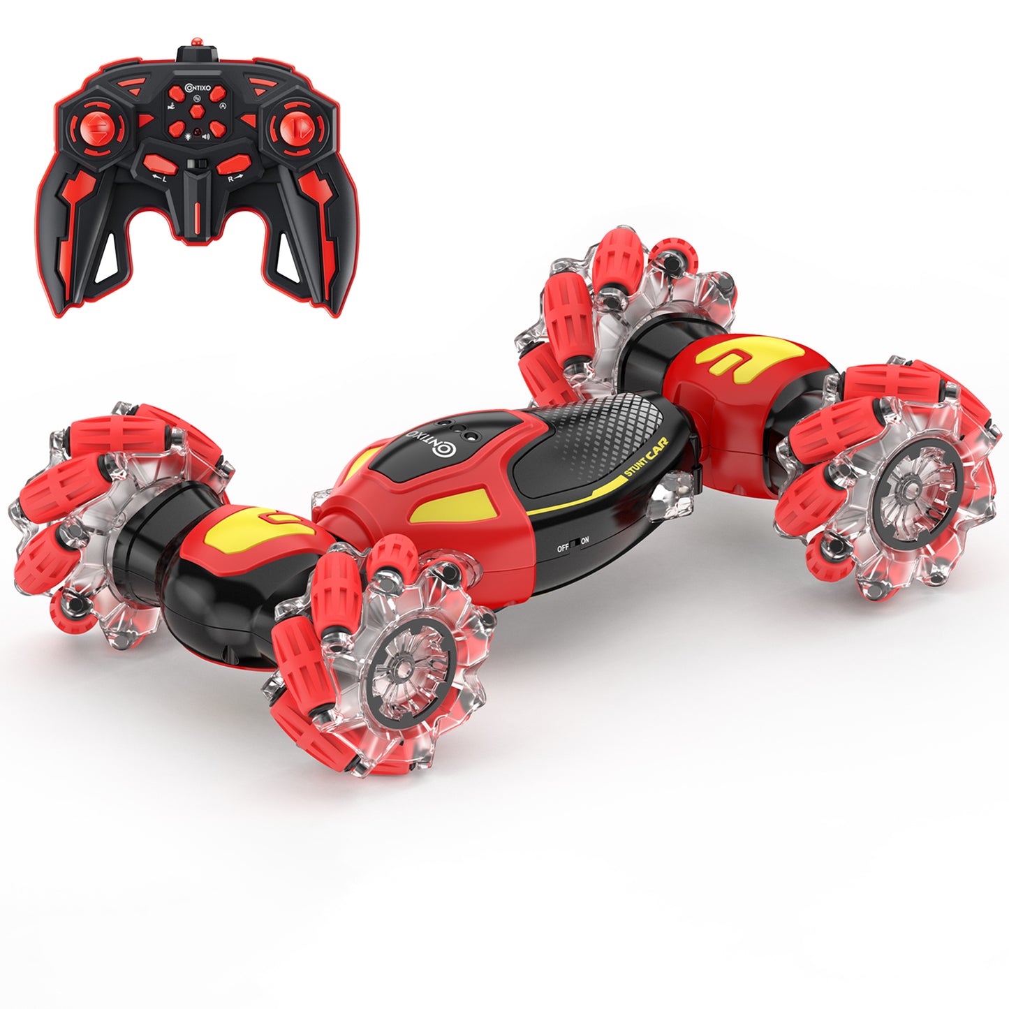 Red and black Contixo Cobra Speed Crawler RC stunt car with transparent wheels and red/black remote control on plain background