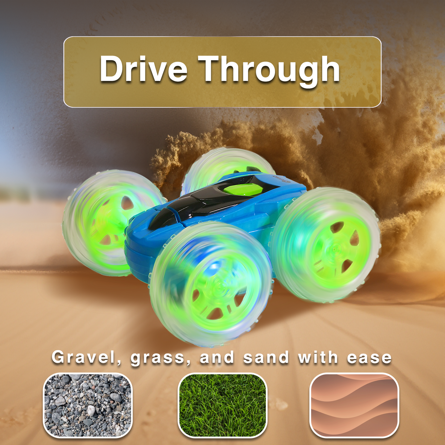 Contixo Flip Racer Remote Control Car with neon green wheels in blue, performing stunts on sand
