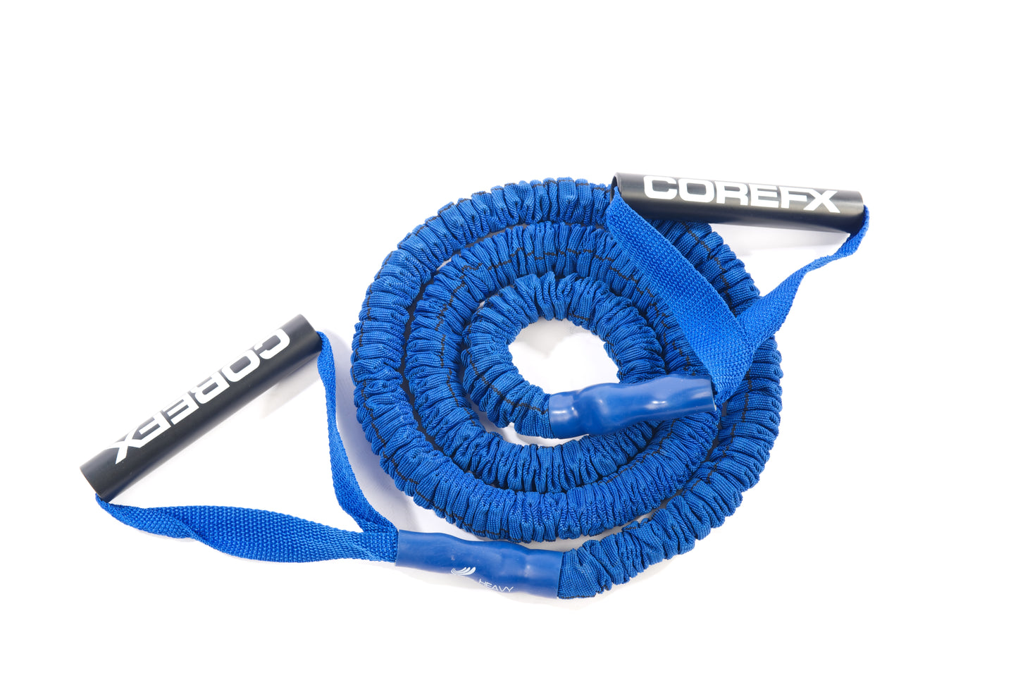 Blue Corefx resistance training rope with padded handles and brand branding on plain background