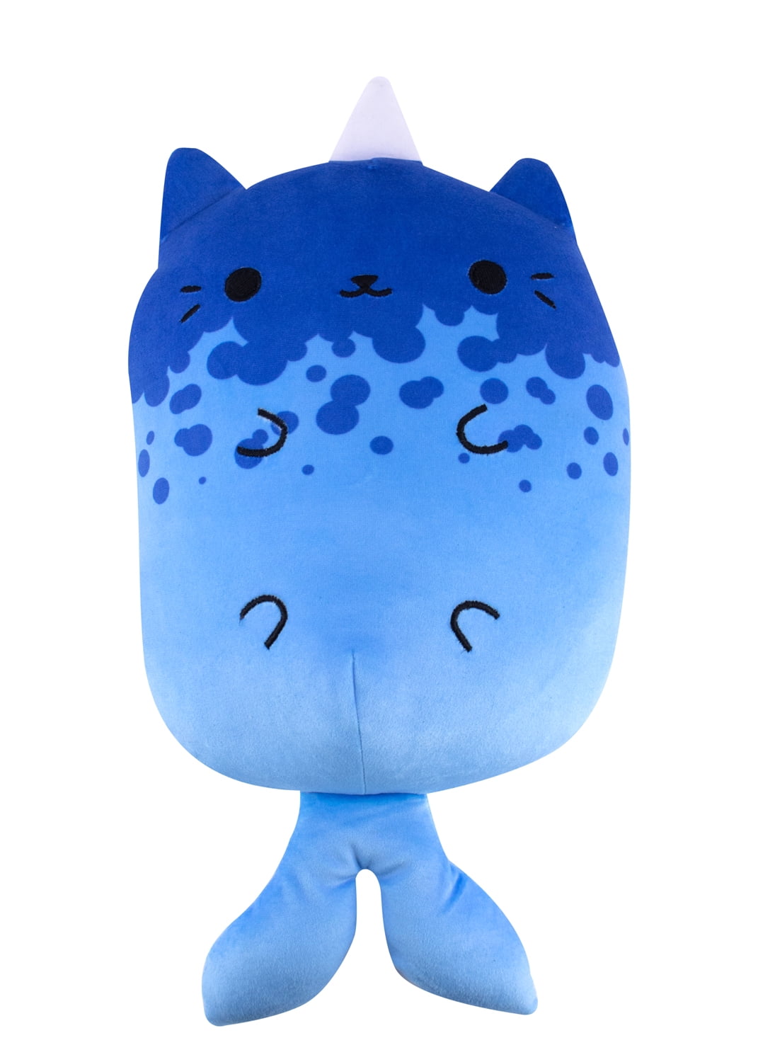 Blue plush cat with dark blue spots, closed eyes, and a light purple unicorn horn on head, with embroidered mouth details and blue tail fins