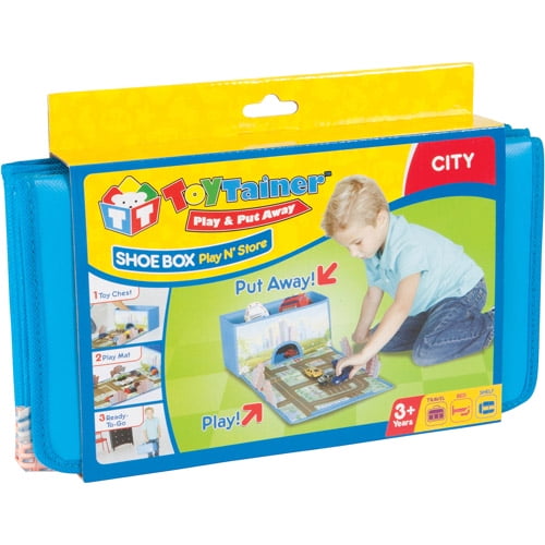 Trainer Shoe Box Play N Store with yellow and blue packaging, showing child modeled putting toys away in the clear storage box with play mat