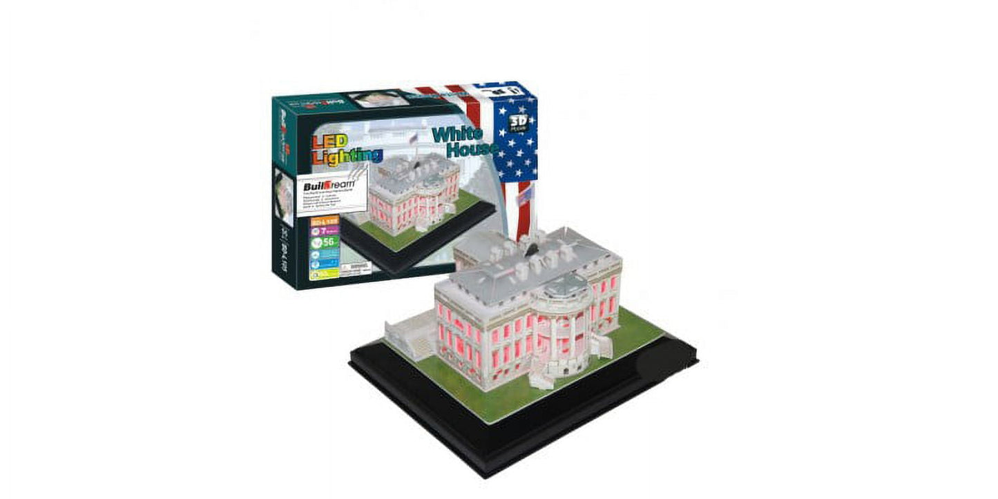 White House 3D puzzle with LED lighting on black base with green landscaping, displayed next to its product box