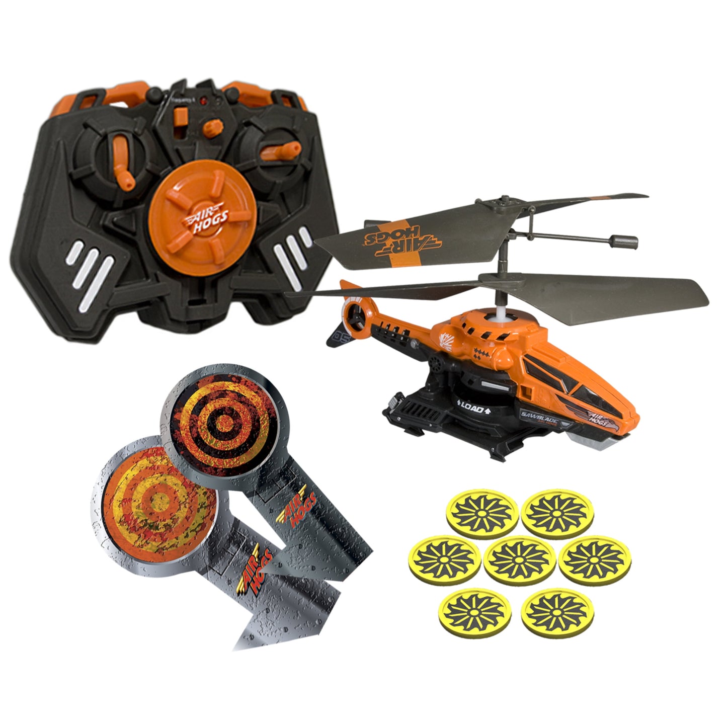 Air Hogs remote control helicopter set with orange and black helicopter, black and orange controller, two circular target pads, and seven yellow disc projectile