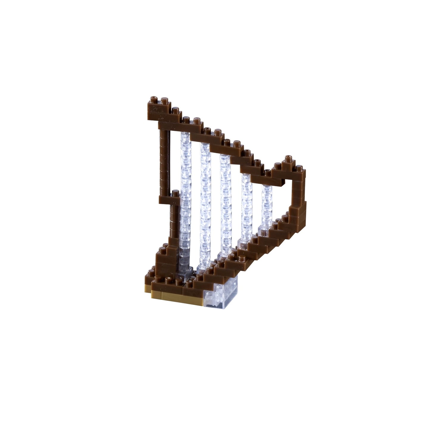 Brown and white building block harp with vertical strings, constructed from interlocking pieces on a plain background