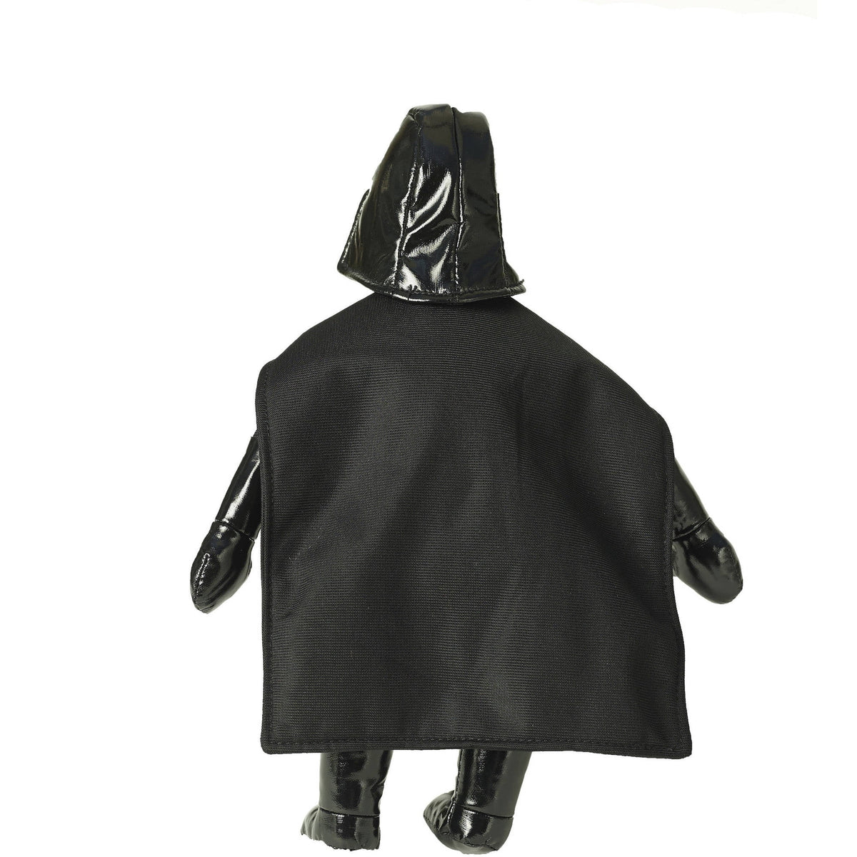 Black plush Darth Vader figure with glossy helmet and cape, shown from behind on plain background