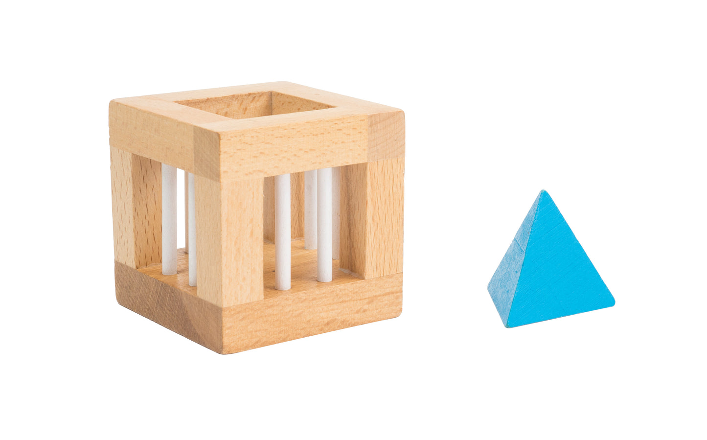 Wooden cube puzzle with white dowels and blue pyramid-shaped block on plain background