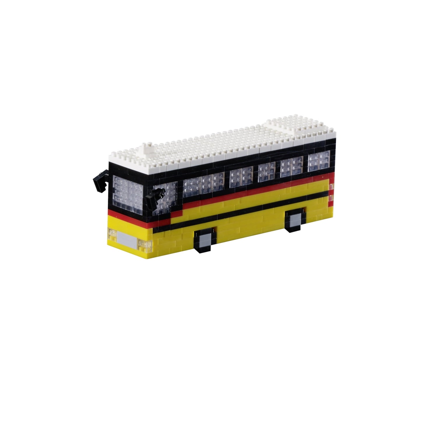 Brixies micro building blocks construction kit shaped as a yellow and black Swiss PostBus with white roof detail on plain background