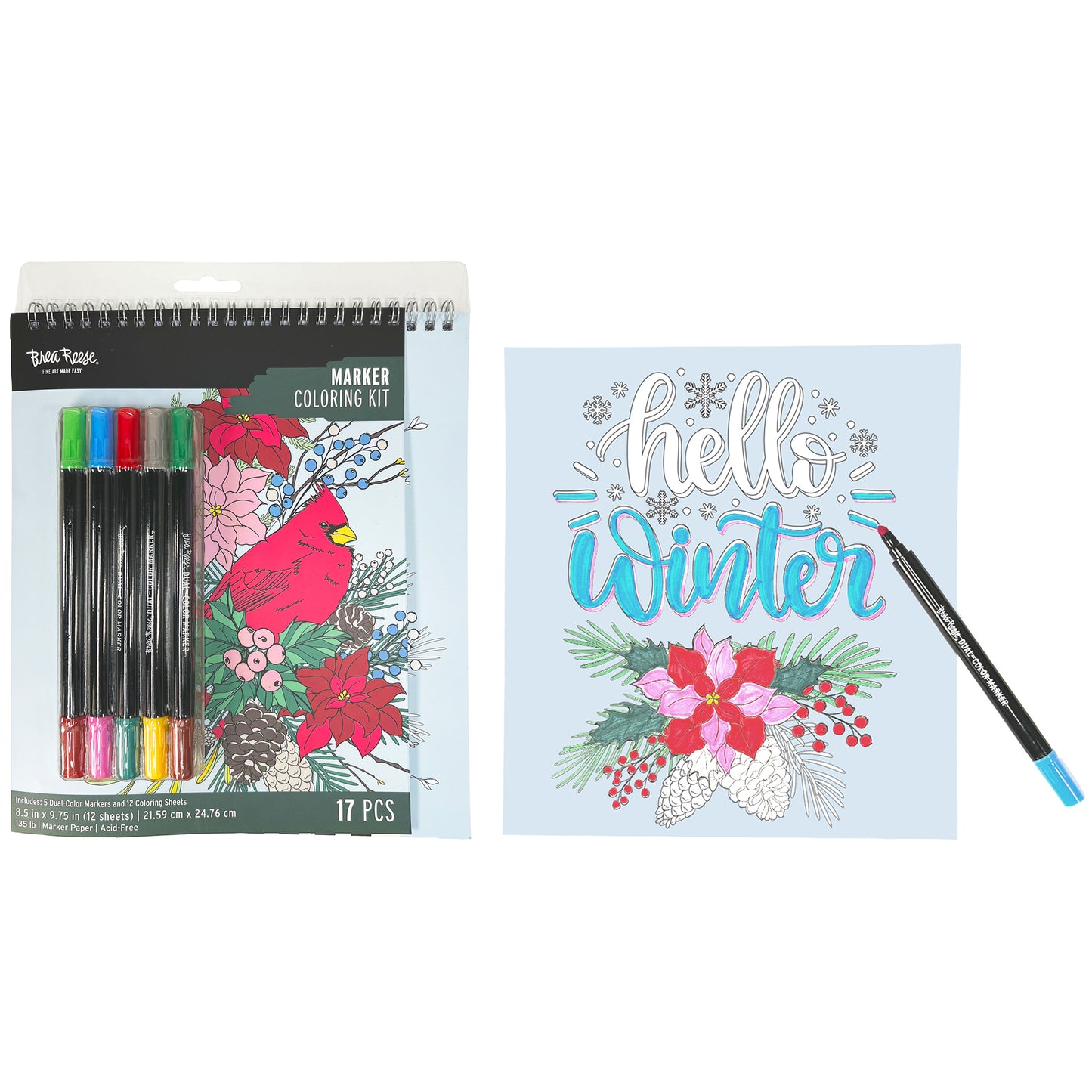 Marker Coloring Kit: Cardinal with 5 dual-color markers and 12 coloring sheets featuring winter designs