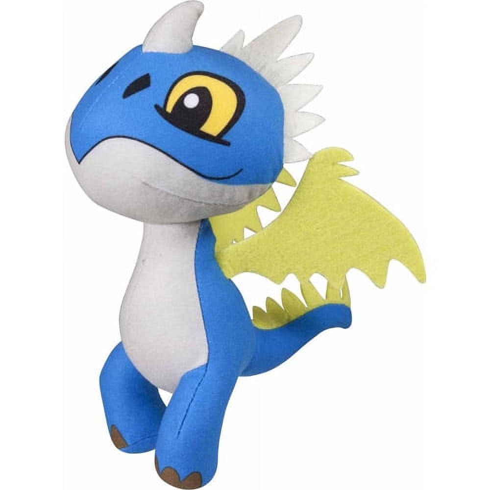 Blue plush dragon character with white belly, yellow eyes, white spikes on head and back, and yellow wing details