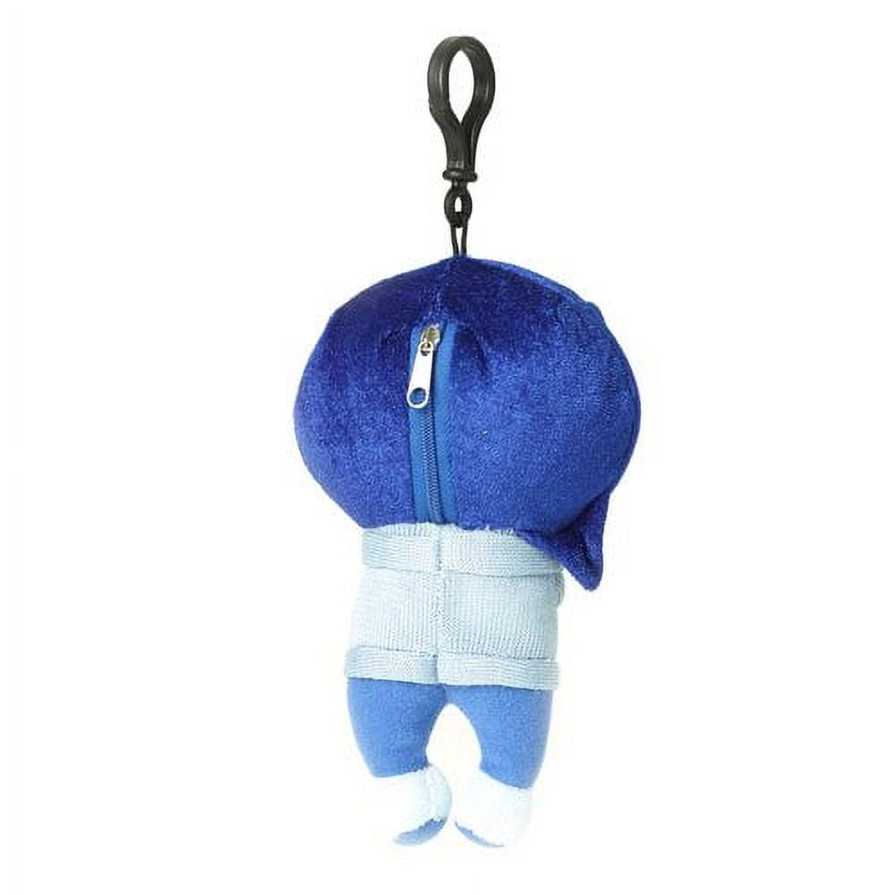 Blue plush Sadness character keychain with white belly band and light blue tail, featuring black clip attachment