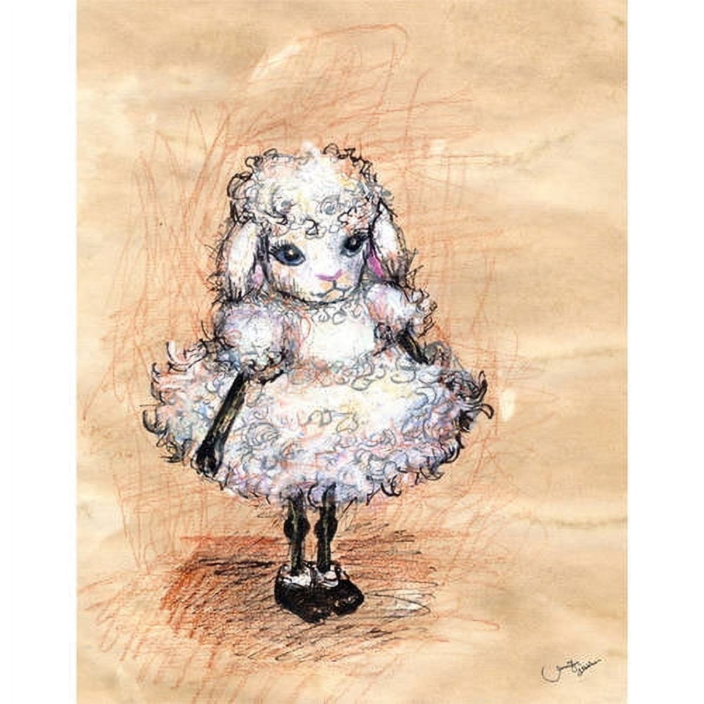 Illustrated plush lamb character with white fluffy wool, pink accents, black legs, and a frilly dress, drawn in a whimsical sketch style on aged paper backgroun