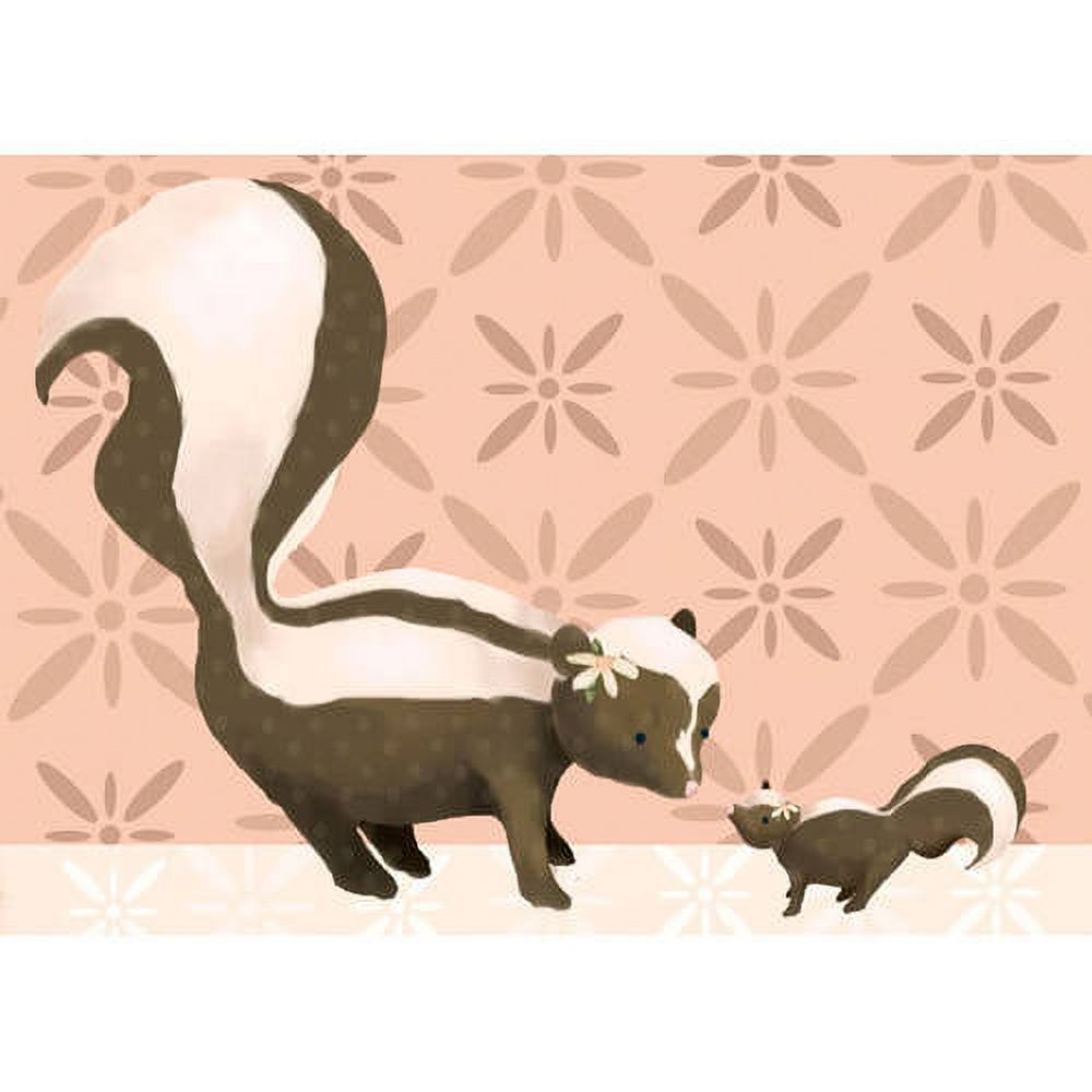 Illustration of a mother skunk with white stripe and a baby skunk on peach background with daisy flower pattern
